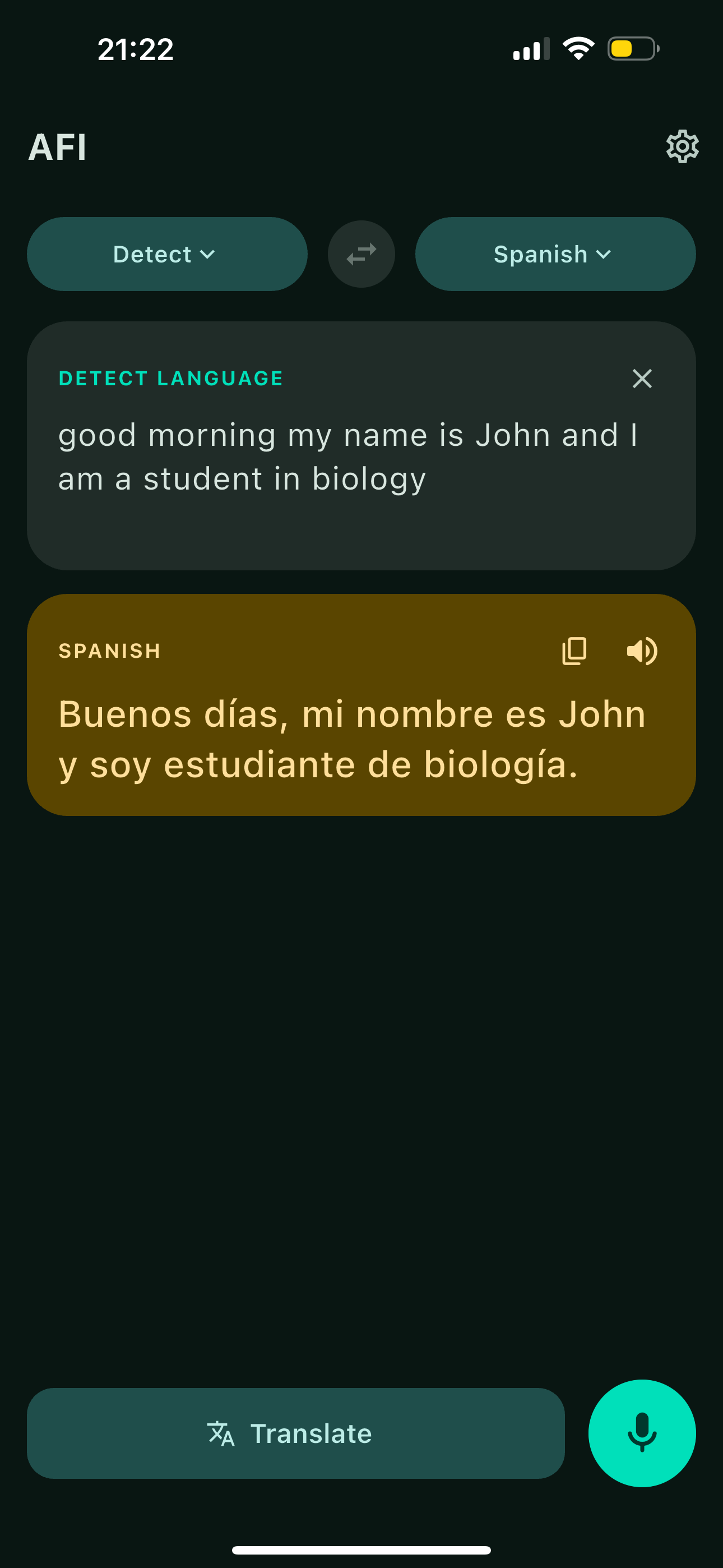 AFI translating English to Spanish in real time