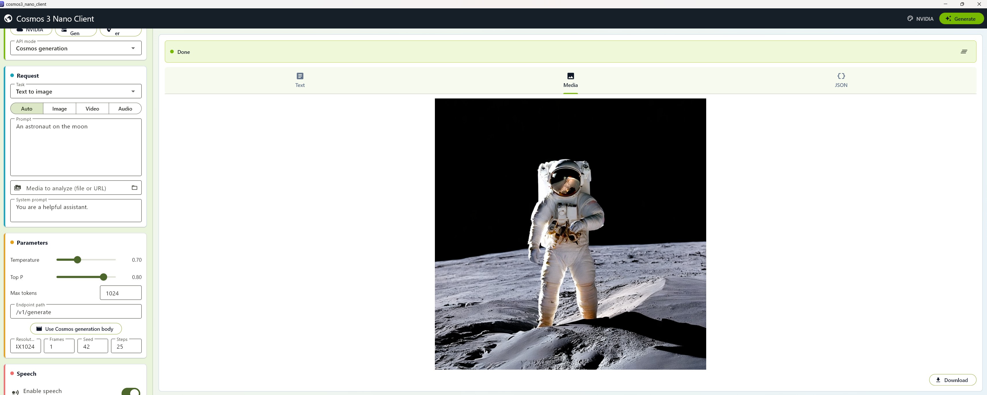 Cosmos 3 Nano Client generating an image of an astronaut on the moon