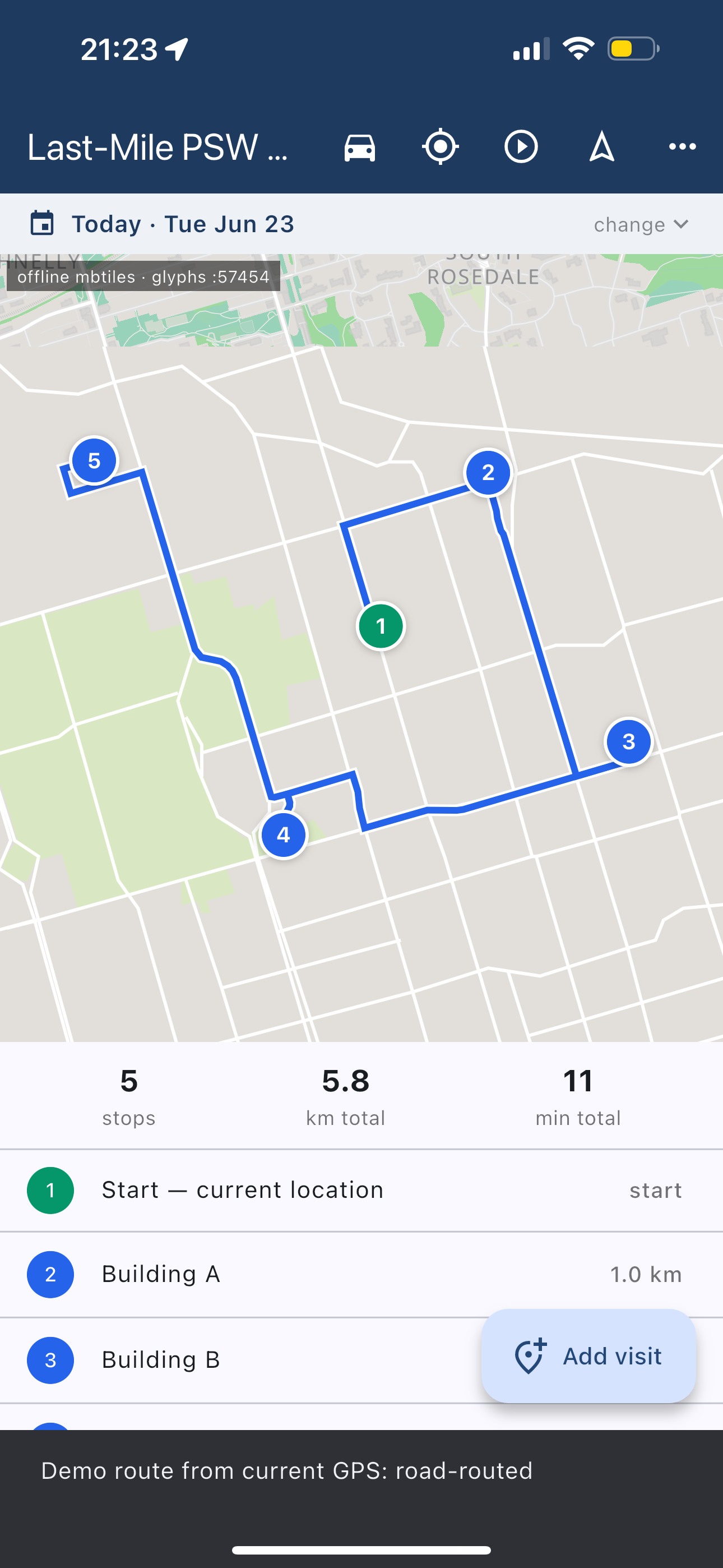 Last-Mile PSW app showing an optimized five-stop route across a day of home-care visits in Toronto