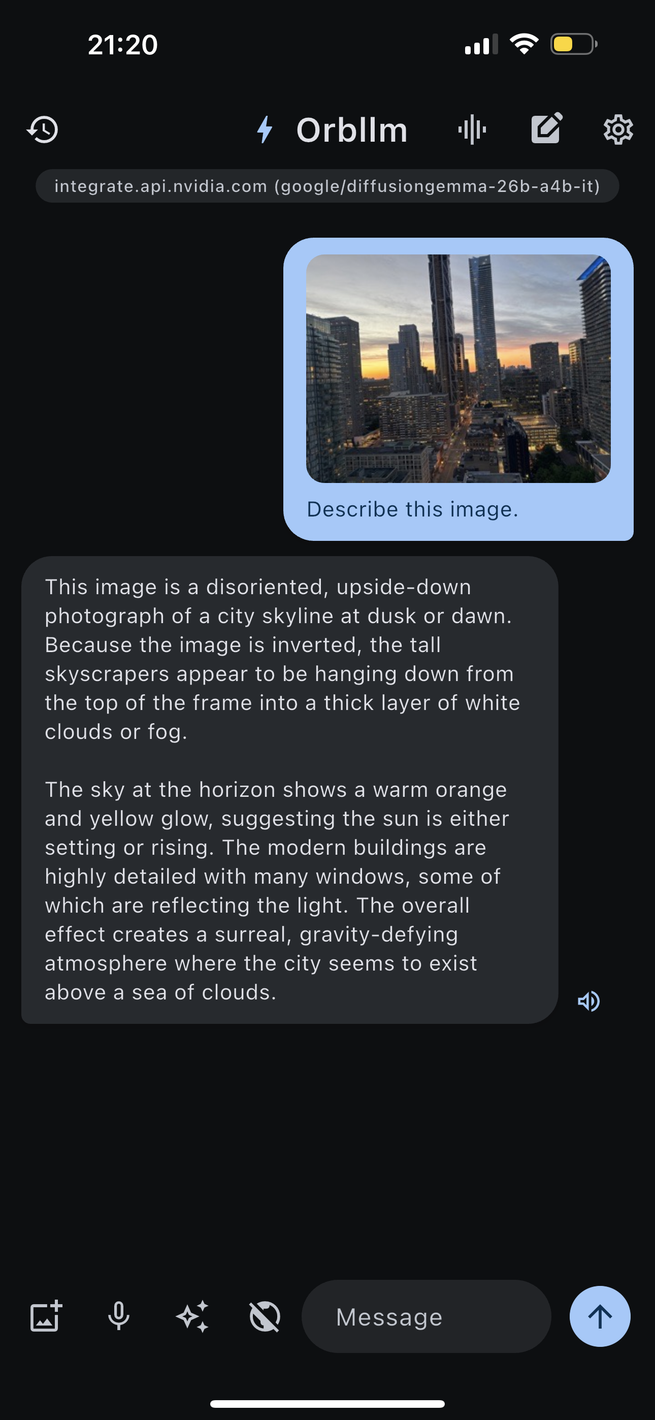orbLLM iOS app describing a city skyline photo